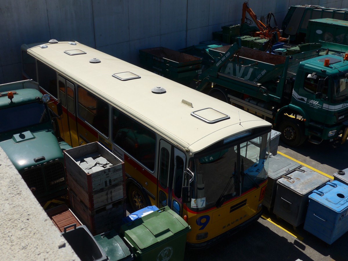 (161'373) - AVJ Les Bioux - Nr. 9 - Saurer/T�scher (ex P 25'667) am 28. Mai 2015 in Les Bioux, Garage