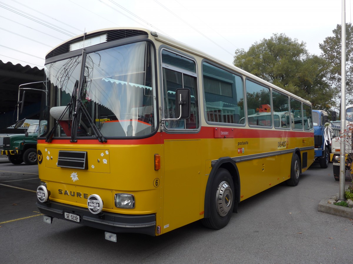 (166'064) - F�ssler, Unteriberg - Nr. 6/SZ 5232 - Saurer/R&J (ex Sch�rch, Gutenburg Nr. 6; ex P 24'358) am 10. Oktober 2015 in Sch�nis, Bicoareal