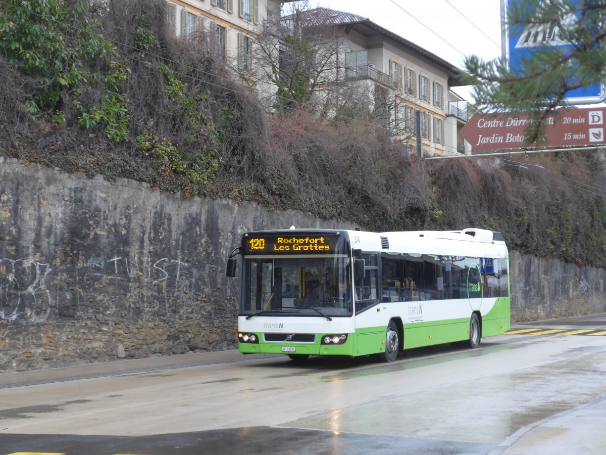 (168'786) - transN, La Chaux-de-Fonds - Nr. 214/NE 93'214 - Volvo (ex TN Neuch�tel Nr. 214) am 20. Februar 2016 beim Bahnhof Neuch�tel
