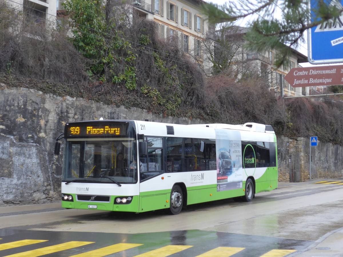 (168'790) - transN, La Chaux-de-Fonds - Nr. 211/NE 46'211 - Volvo (ex TN Neuch�tel Nr. 211) am 20. Februar 2016 beim Bahnhof Neuch�tel