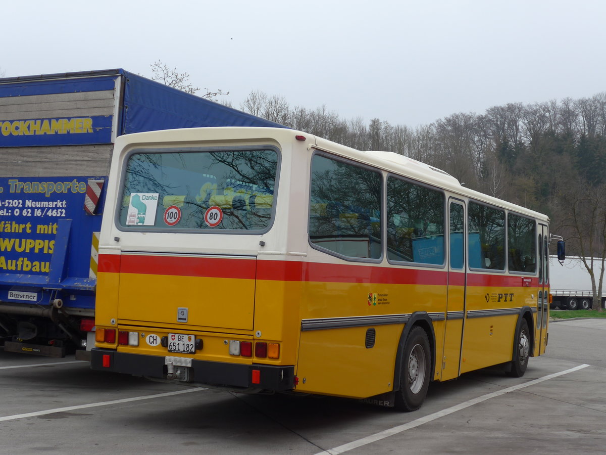 (169'632) - Bernair, M�nsingen - BE 651'182 - Saurer/T�scher (ex Schebath, Lauerz; ex Albin, F�llanden; ex Heim, Flums) am 2. April 2016 in Kemptthal, Rastst�tte