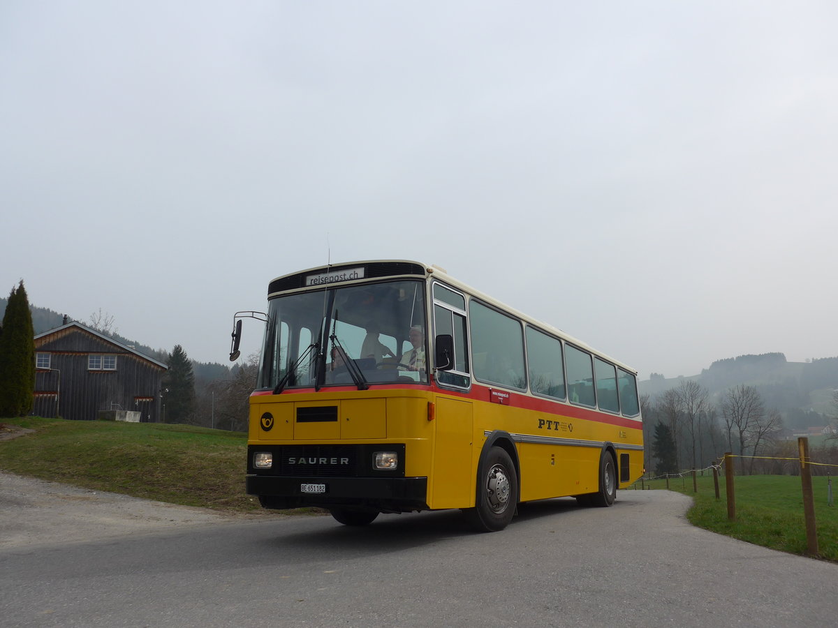 (169'637) - Bernair, M�nsingen - BE 651'182 - Saurer/T�scher (ex Schebath, Lauerz; ex Albin, F�llanden; ex Heim, Flums) am 2. April 2016 bei Teufen