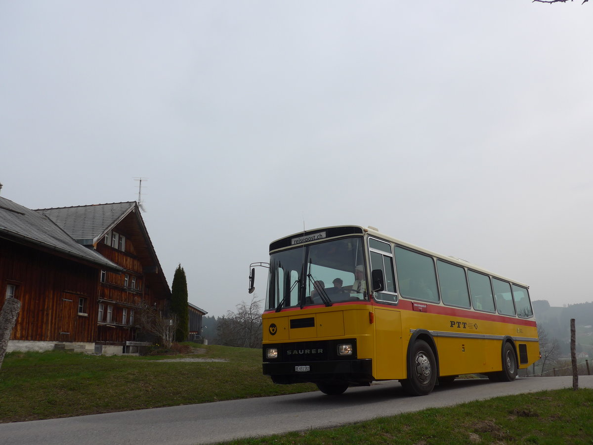 (169'640) - Bernair, M�nsingen - BE 651'182 - Saurer/T�scher (ex Schebath, Lauerz; ex Albin, F�llanden; ex Heim, Flums) am 2. April 2016 bei Teufen