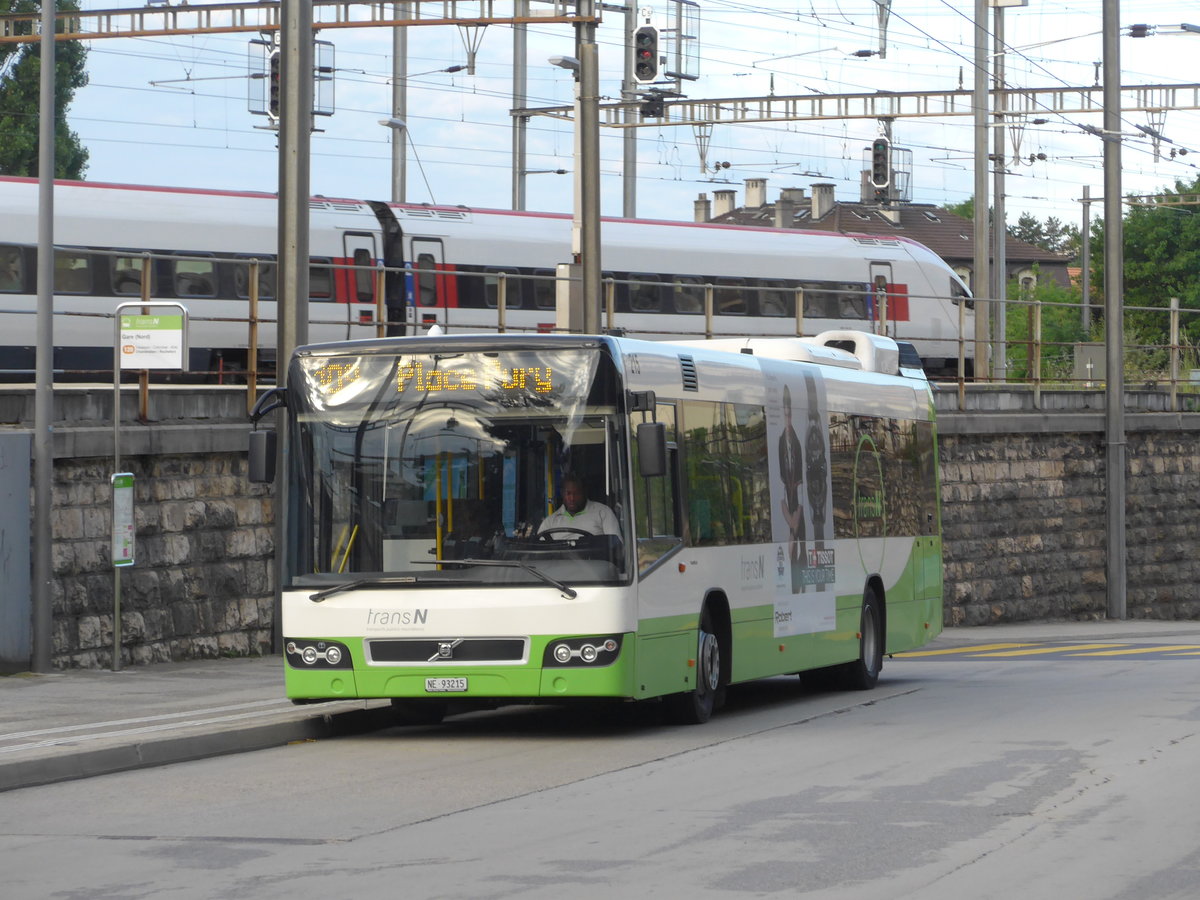 (173'538) - transN, La Chaux-de-Fonds - Nr. 215/NE 93'215 - Volvo (ex TN Neuch�tel Nr. 215) am 1. August 2016 beim Bahnhof Neuch�tel