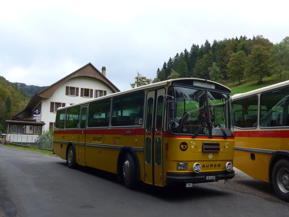 (175'361) - F�ssler, Unteriberg - Nr. 6/SZ 5232 - Saurer/R&J (ex Sch�rch, Gutenburg Nr. 6; ex P 24'358) am 2. Oktober 2016 in Schelten, Restaurant Scheltenm�hle