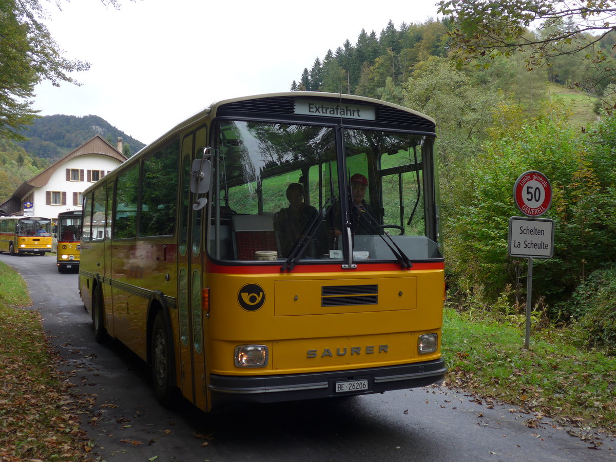 (175'367) - Schmid, Th�rishaus - BE 26'206 - Saurer/T�scher (ex P 24'244) am 2. Oktober 2016 in Schelten, Restaurant Scheltenm�hle