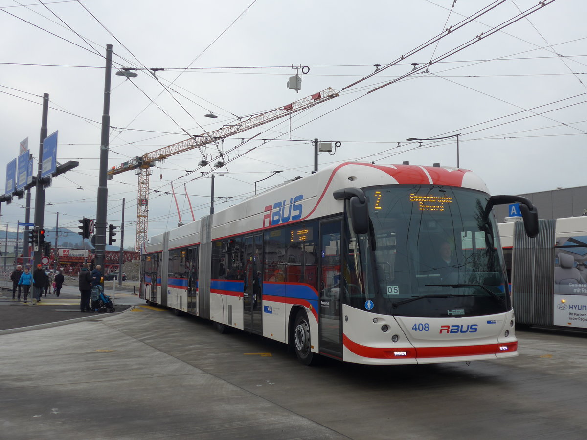 (177'188) - VBL Luzern - Nr. 408 - Hess/Hess Doppelgelenktrolleybus am 11. Dezember 2016 beim Bahnhof Emmenbr�cke S�d