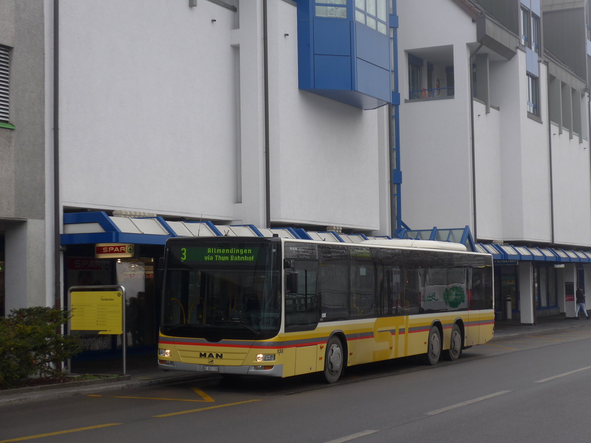 (177'215) - STI Thun - Nr. 138/BE 801'138 - MAN am 16. Dezember 2016 in Thun, Postbr�cke