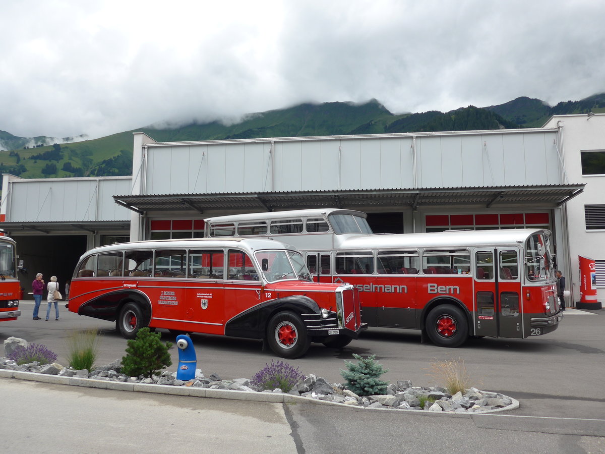 (181'712) - Meier, Gr�t - Nr. 12/ZH 27'216 - FBW/R&J (ex Wespe, Altst�tten; ex AFA Adelboden Nr. 12) + H�uselmann, Bern - Nr. 26/BE 1322 U - FBW/Vetter-R&J Anderthalbdecker (ex AFA Adelboden Nr. 9) am 1. Juli 2017 in Frutigen, Garage AFA