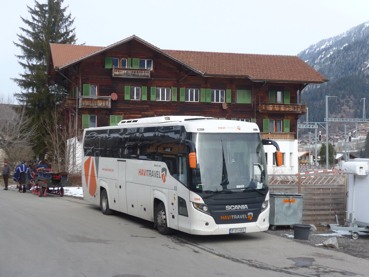 (188'199) - Aus Rum�nien: Havi Travel, Tirgu-Mures - Nr. 394/IF 01 HAV - Scania/Higer am 4. Februar 2018 beim Bahnhof Zweisimmen