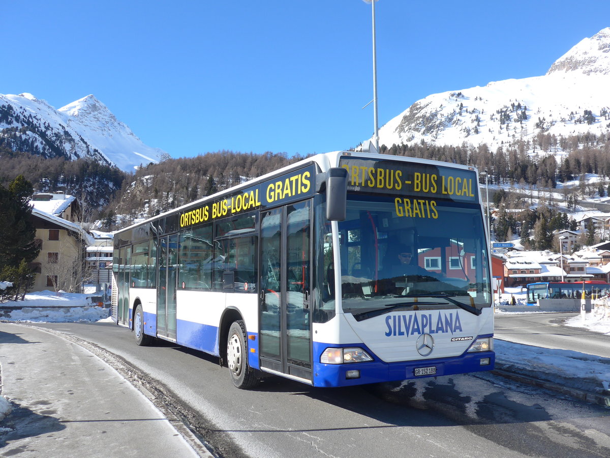 (188'539) - Corvatsch Power, Silvaplana - GR 152'188 - Mercedes (ex VZO Gr�ningen Nr. 16) am 13. Februar 2018 in Silvaplana, Kreisel Mitte