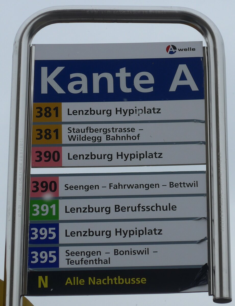 (189'530) - A-welle-Haltestellenschild - Lenzburg, Bahnhof - am 19. M�rz 2018
