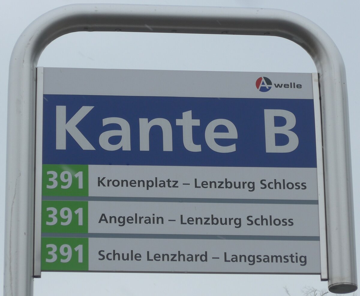 (189'531) - A-welle-Haltestellenschild - Lenzburg, Bahnhof - am 19. M�rz 2018