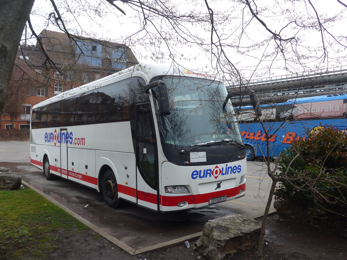 (189'554) - Aus Kroatien: Croatia Bus, Zagreb - ZG 9281-FF - Volvo am 19. M�rz 2018 in Z�rich, Sihlquai