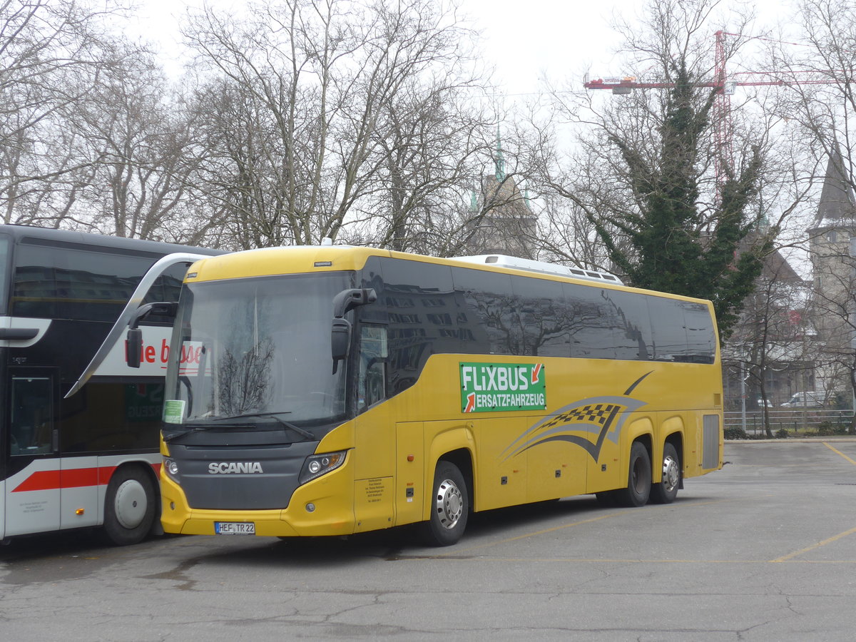 (189'555) - Aus Deutschland: K�berich, Niederaula - HEF-TR 22 - Scania/Higer am 19. M�rz 2018 in Z�rich, Sihlquai