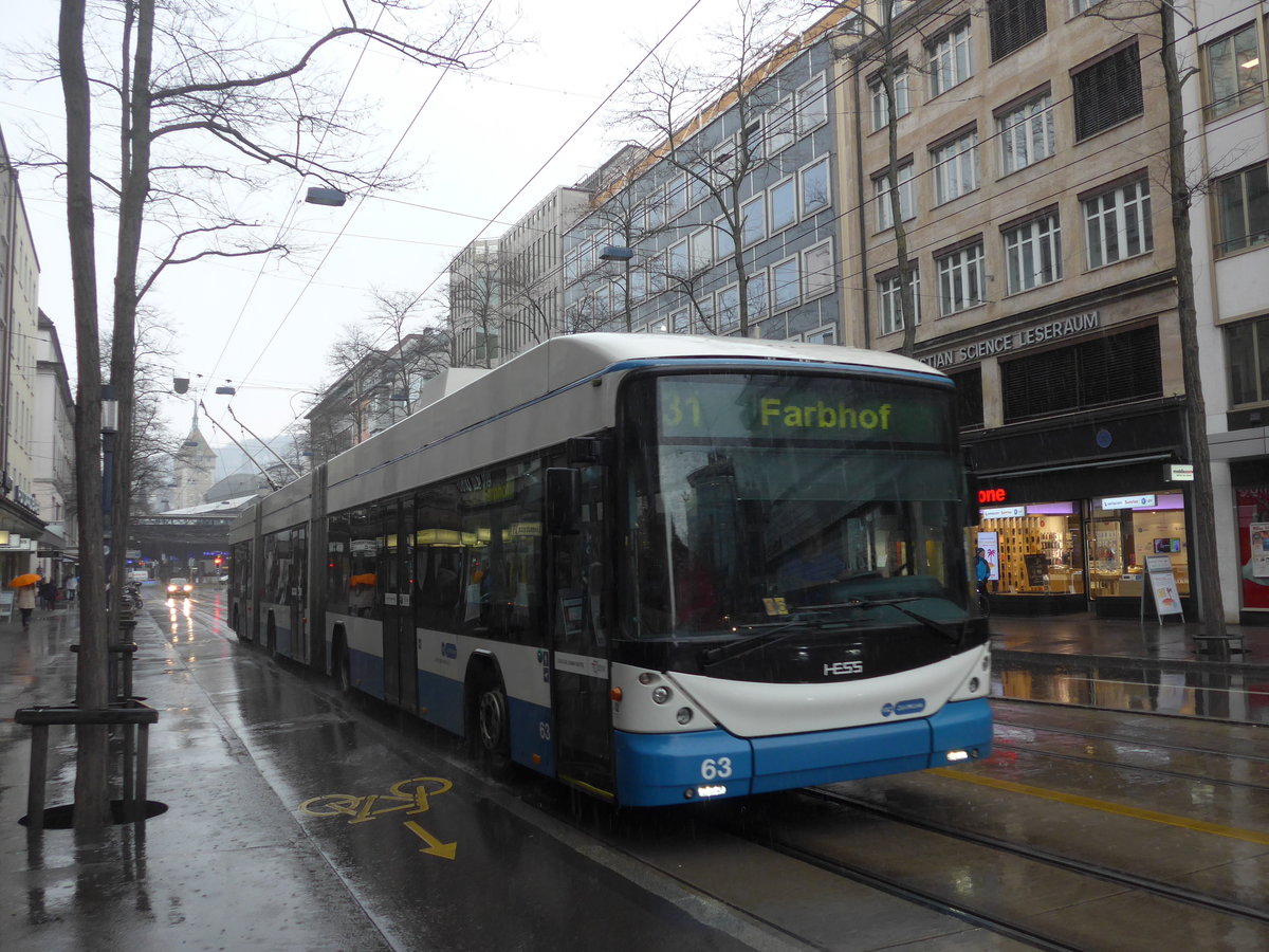 (189'678) - VBZ Z�rich - Nr. 63 - Hess/Hess Doppelgelenktrolleybus am 26. M�rz 2018 in Z�rich, L�wenplatz