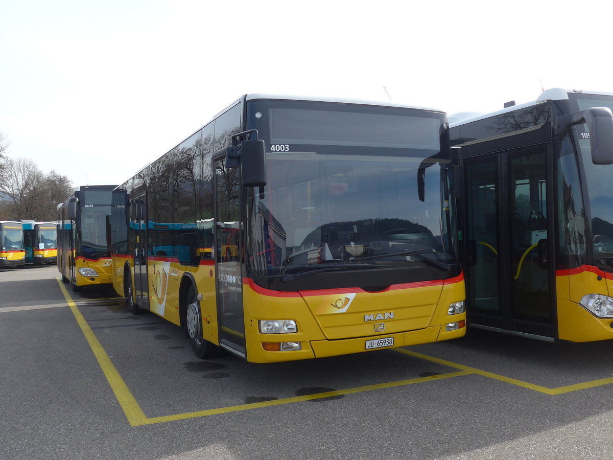 (189'895) - CarPostal Ouest - JU 65'938 - MAN/G�ppel (ex Nr. 12; ex CJ Tramelan Nr. 204) am 2. April 2018 in Develier, Parkplatz
