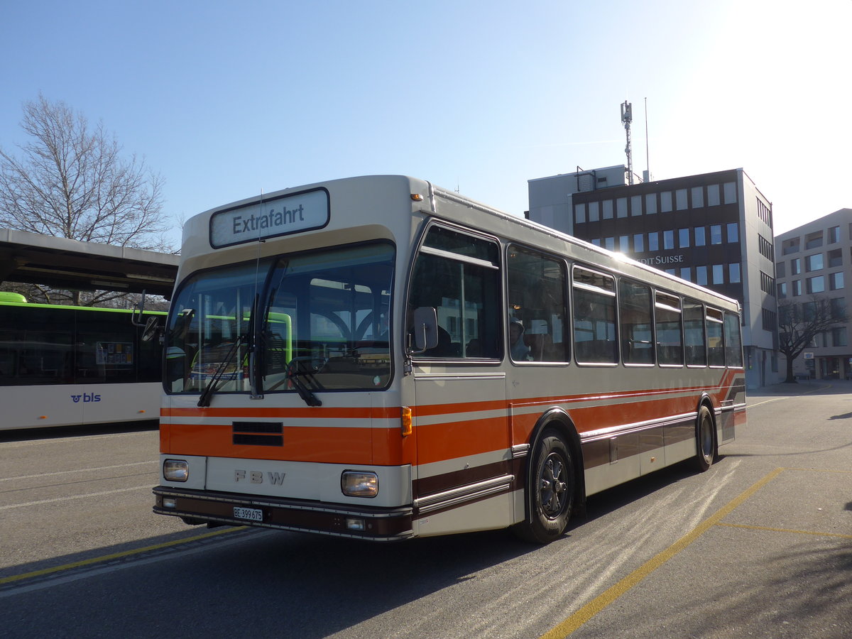 (190'011) - Wegm�ller, M�nsingen - BE 399'675 - FBW/R&J (ex Bamert, Wollerau) am 7. April 2018 beim Bahnhof Burgdorf