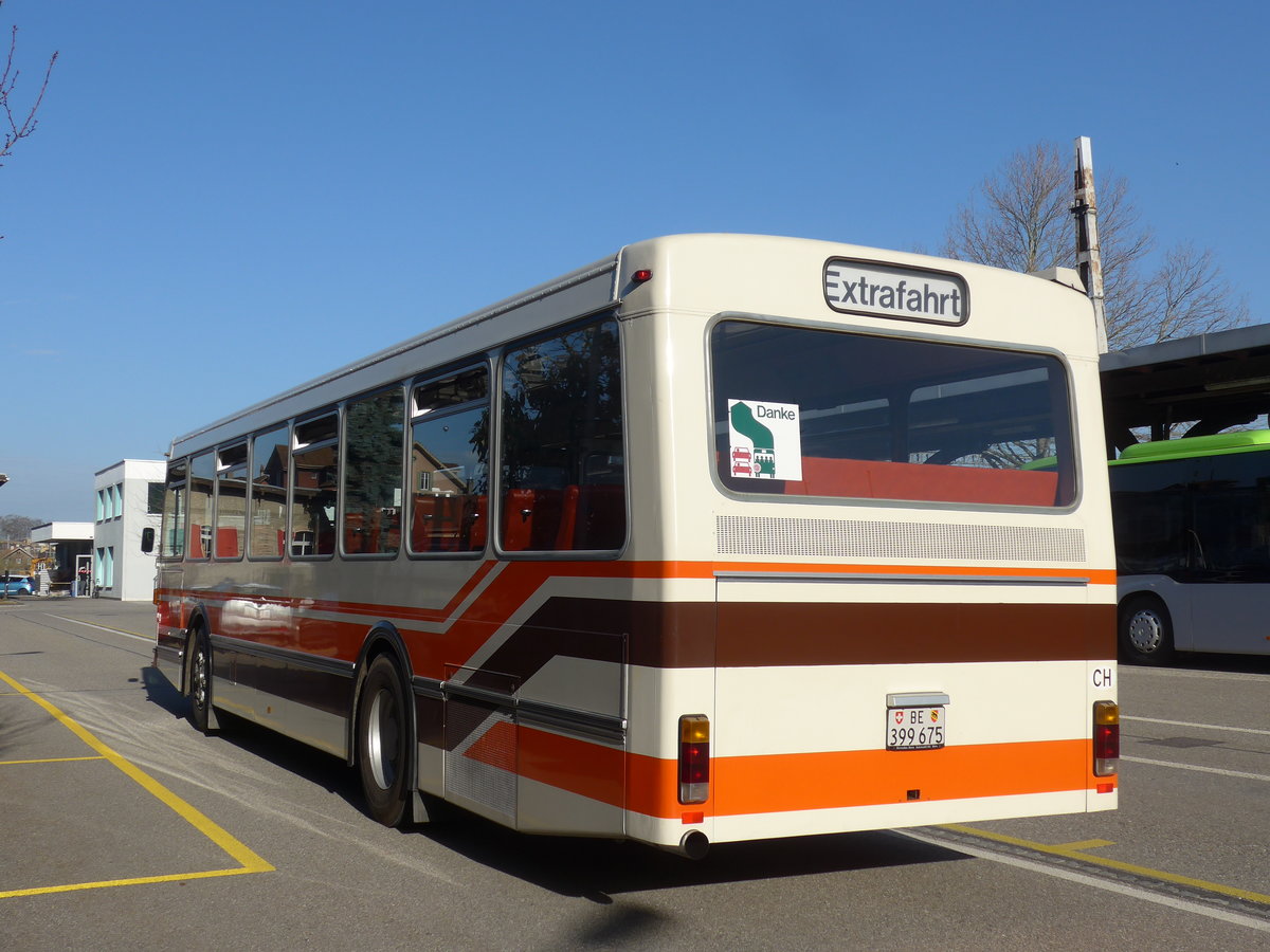(190'013) - Wegm�ller, M�nsingen - BE 399'675 - FBW/R&J (ex Bamert, Wollerau) am 7. April 2018 beim Bahnhof Burgdorf