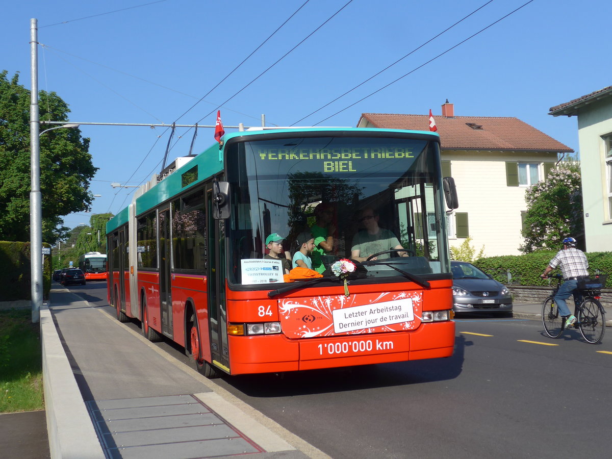 (192'923) - VB Biel - Nr. 84 - NAW/Hess Gelenktrolleybus am 6. Mai 2018 in Biel, B�ttenbergstrasse