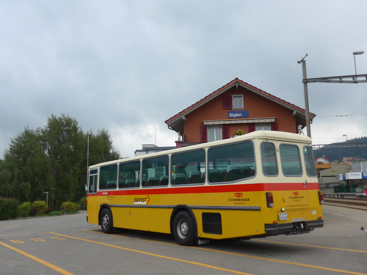 (196'391) - Eichenberger, B�singen - FR 335'303 - Saurer/R&J (ex Schlapp, Cottens; ex Ruklic, Schaffhausen; ex Heim, Flums; ex Frigg, Zernez; ex P 24'279) am 2. September 2018 beim Bahnhof Biglen