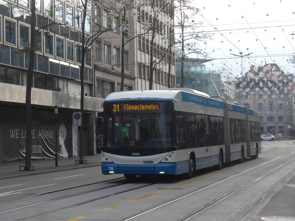 (199'439) - VBZ Z�rich - Nr. 78 - Hess/Hess Doppelgelenktrolleybus am 18. November 2018 in Z�rich, L�wenstrasse