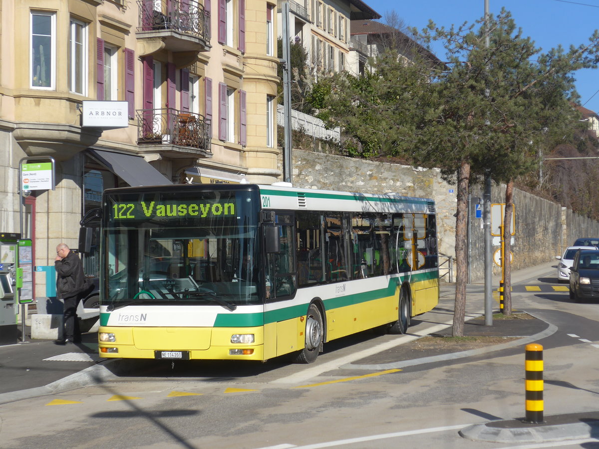 (201'637) - transN, La Chaux-de-Fonds - Nr. 201/NE 114'201 - MAN (ex TN Neuch�tel Nr. 201) am 16. Februar 2019 beim Bahnhof Neuch�tel