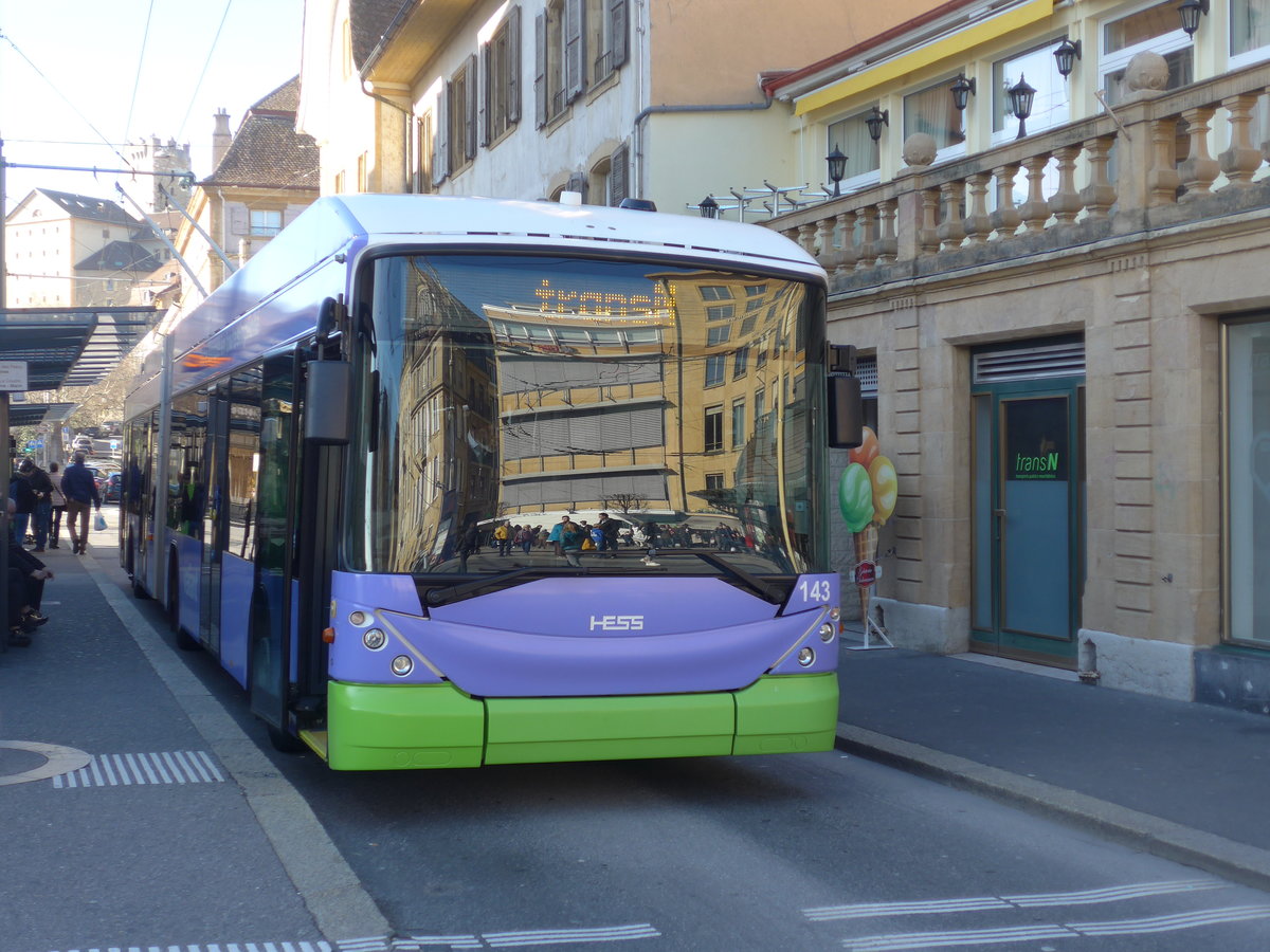 (201'640) - transN, La Chaux-de-Fonds - Nr. 143 - Hess/Hess Gelenktrolleybus (ex TN Neuch�tel Nr. 143) am 16. Februar 2019 in Neuch�tel, Place Pury