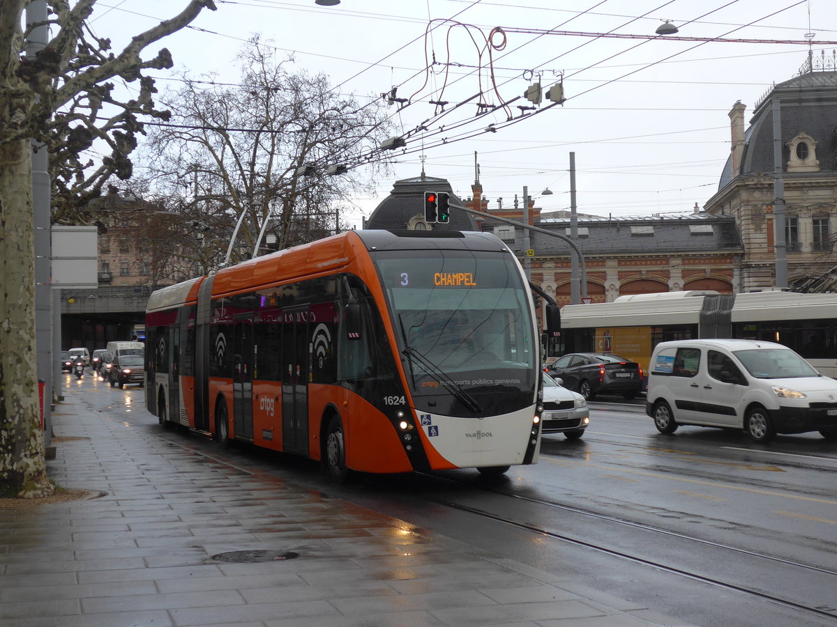 (202'250) - TPG Gen�ve - Nr. 1624 - Van Hool Gelenktrolleybus am 11. M�rz 2019 in Gen�ve, Place des Vingt-Deux-Cantons