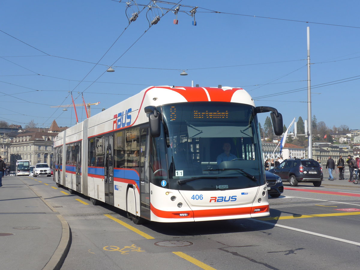 (203'013) - VBL Luzern - Nr. 406 - Hess/Hess Doppelgelenktrolleybus am 23. M�rz 2019 in Luzern, Bahnhofbr�cke