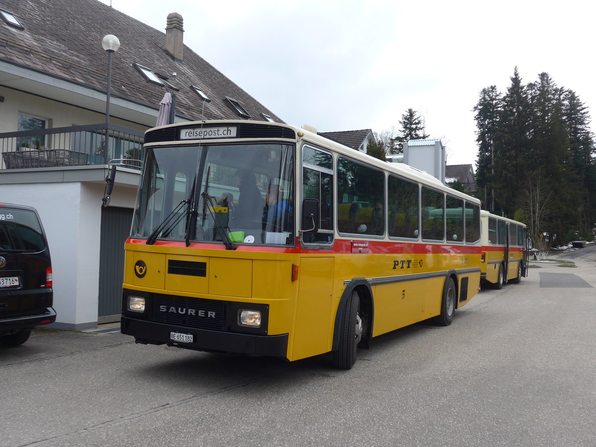 (203'484) - Bernair, M�nsingen - BE 651'182 - Saurer/T�scher (ex Schebath, Lauerz; ex Albin, F�llanden; ex Heim, Flums) am 7. April 2019 in Emmenmatt, Moosegg