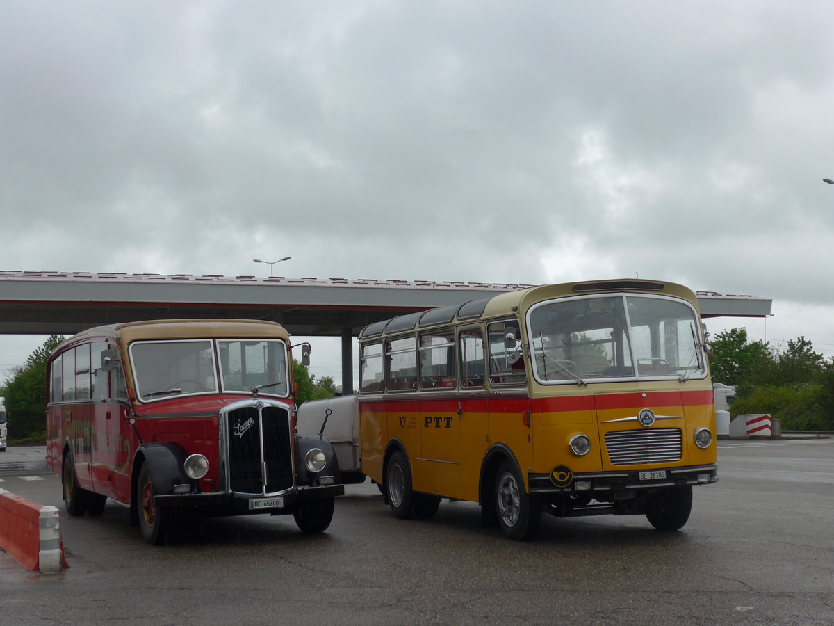 (203'926) - Aus der Schweiz: Dysli, Bern - Nr. 19/BE 65'700 - Saurer/Saurer (ex P 23'085; ex P 2137) + Schmid, Th�rishaus - Nr. 9/BE 26'105 - Saurer/R&J (ex Geiger, Adelboden Nr. 9) am 26. April 2019 in Orschwiller, Rastst�tte