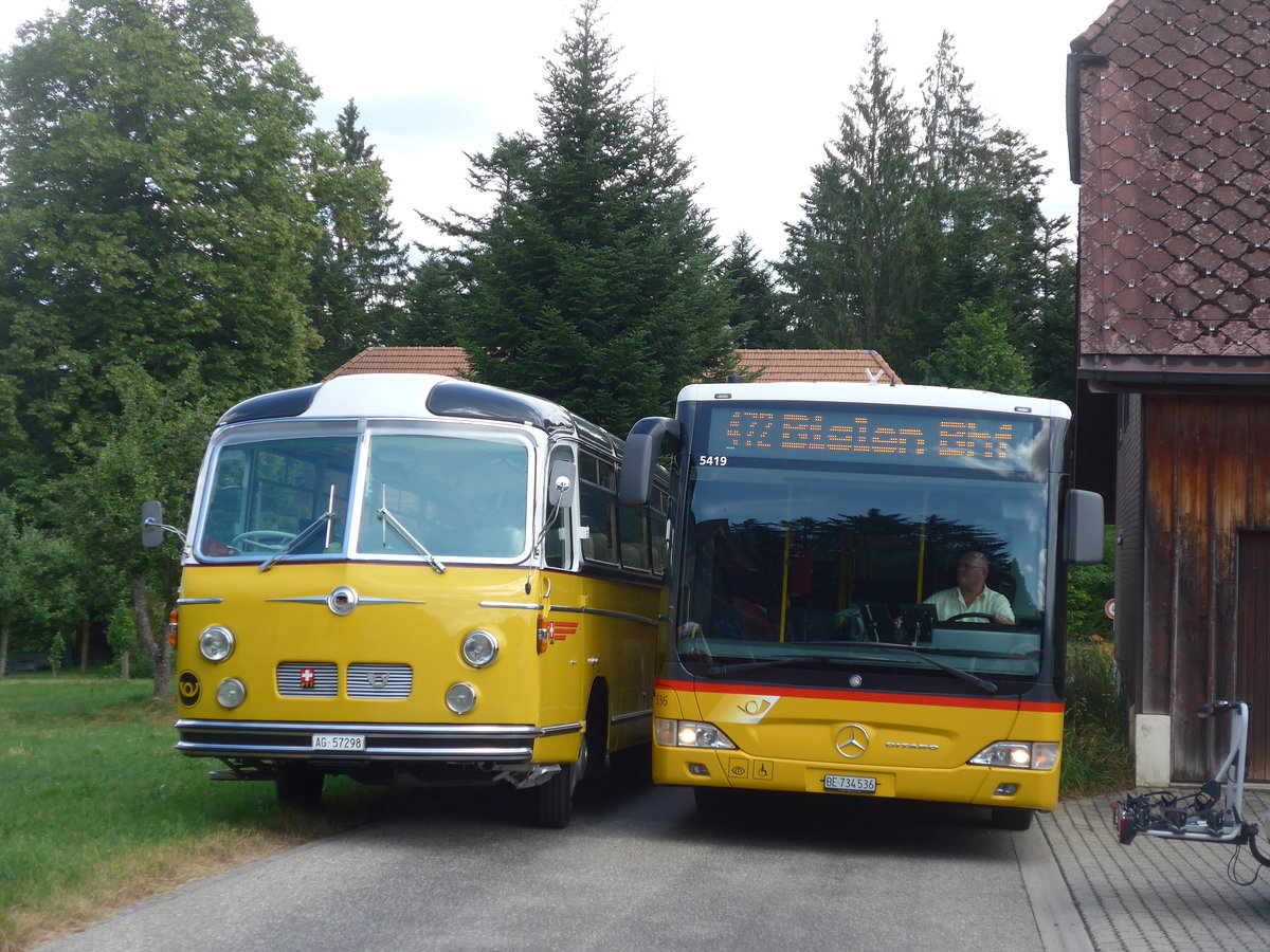 (207'520) - Zimmerli J., Oftringen - AG 57'298 - Berna/T�scher (ex Stutz, Oberlunkhofen; ex Leu, Schongau; ex Wicki, Bremgarten; ex P 22'054; ex P 20'704) + PostAuto Bern - Nr. 536/BE 734'536 - Mercedes am 7. Juli 2019 in Waldh�usern, Kurhaus