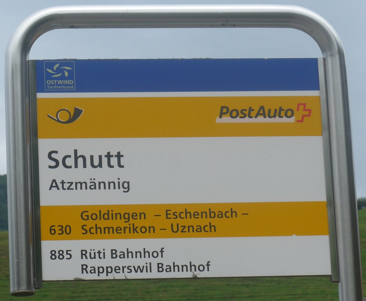 (208'781) - PostAuto-Haltestellenschild - Atzm�nnig, Schutt - am 17. August 2019