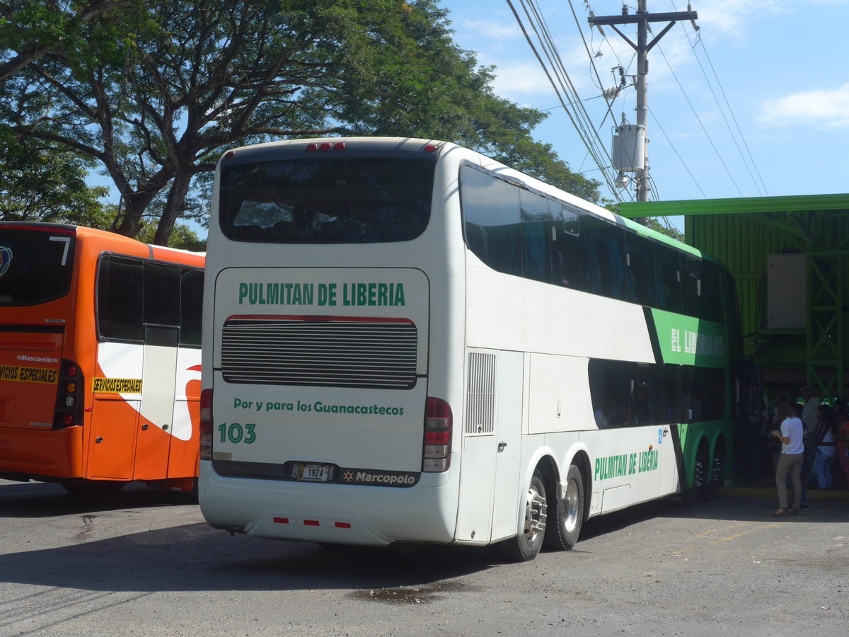 (212'491) - Pulmitan de Liberia, San Jos� - Nr. 103/1924 - Marcopolo/Scania am 26. November 2019 in San Bosco, Busterminal