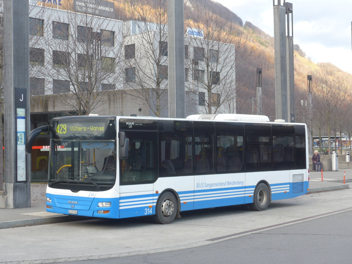 (212'656) - BSW Sargans - Nr. 314/SG 297'506 - MAN/G�ppel am 7. Dezember 2019 beim Bahnhof Sargans