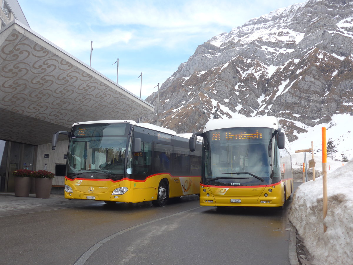 (214'022) - PostAuto Ostschweiz - SG 445'304 - Mercedes + SG 426'001 - Hess am 1. Februar 2020 in Schw�galp, S�ntis-Schwebebahn