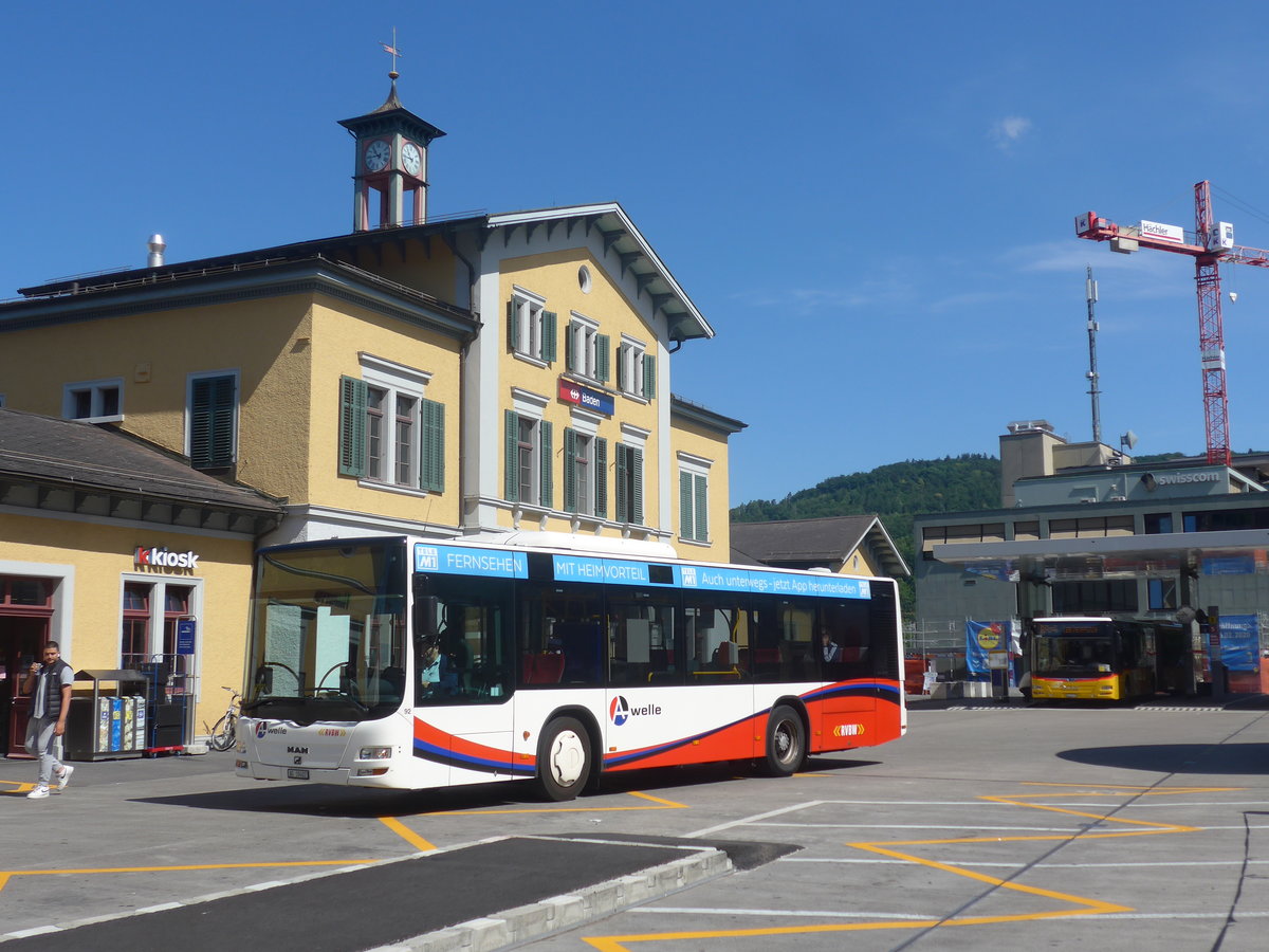 (217'374) - RVBW Wettingen - Nr. 92/AG 19'402 - MAN/G�ppel am 30. Mai 2020 beim Bahnhof Baden