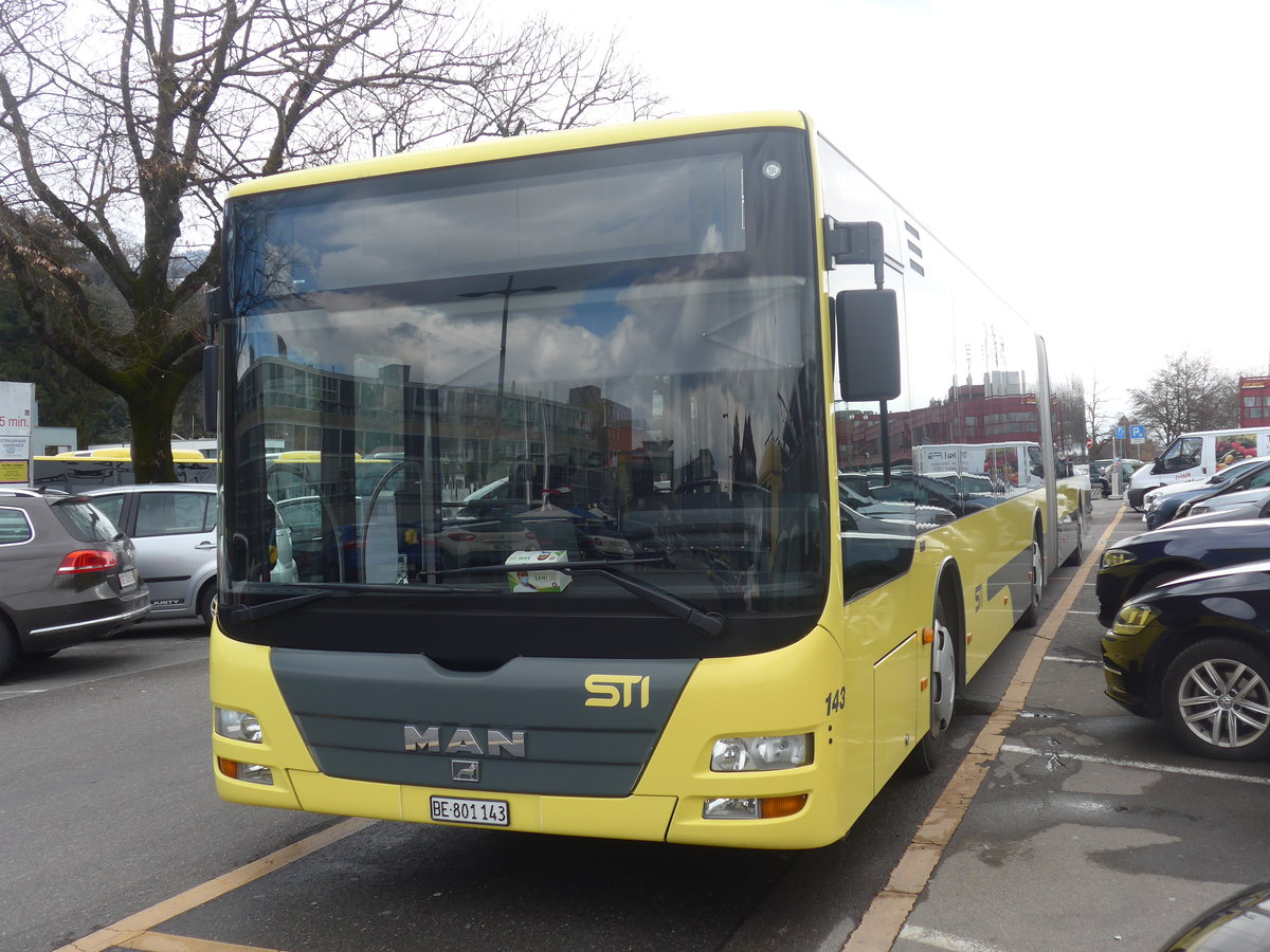 (224'229) - STI Thun - Nr. 143/BE 801'143 - MAN am 18. M�rz 2021 in Thun, CarTerminal