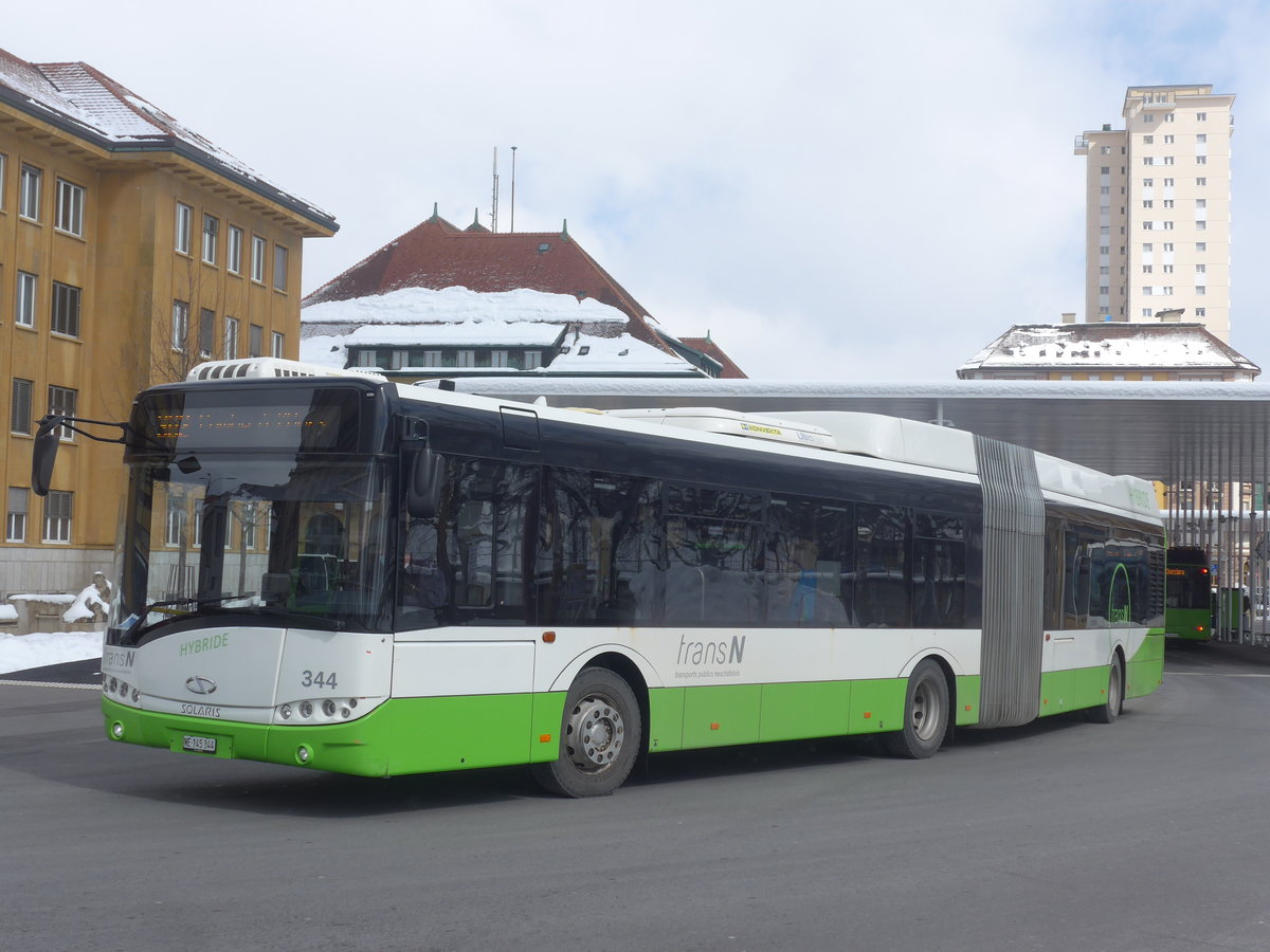 (224'283) - transN, La Chaux-de-Fonds - Nr. 344/NE 145'344 - Solaris am 20. M�rz 2021 beim Bahnhof La Chaux-de-Fonds