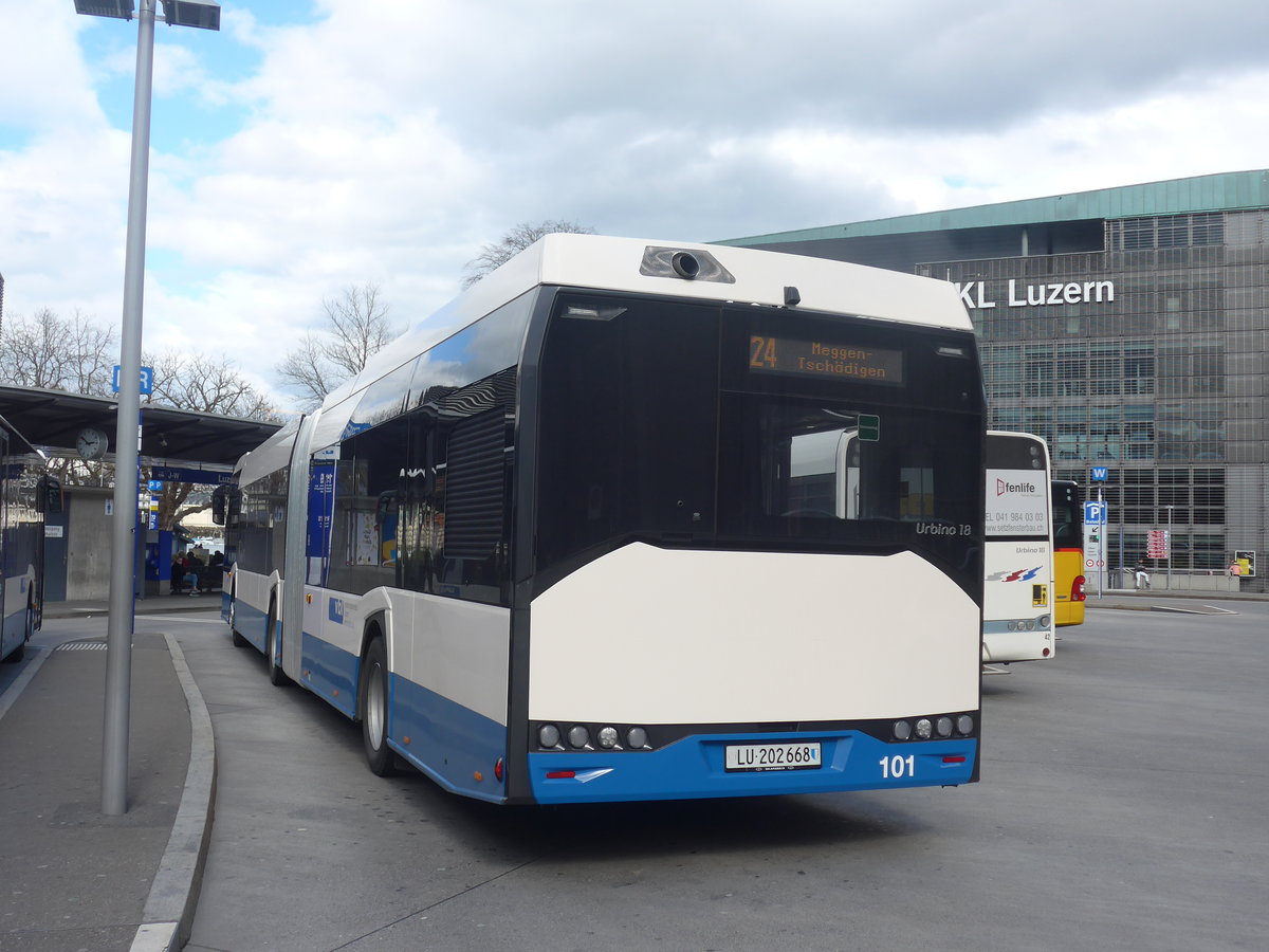 (224'447) - VBL Luzern - Nr. 101/LU 202'668 - Solaris am 27. M�rz 2021 beim Bahnhof Luzern