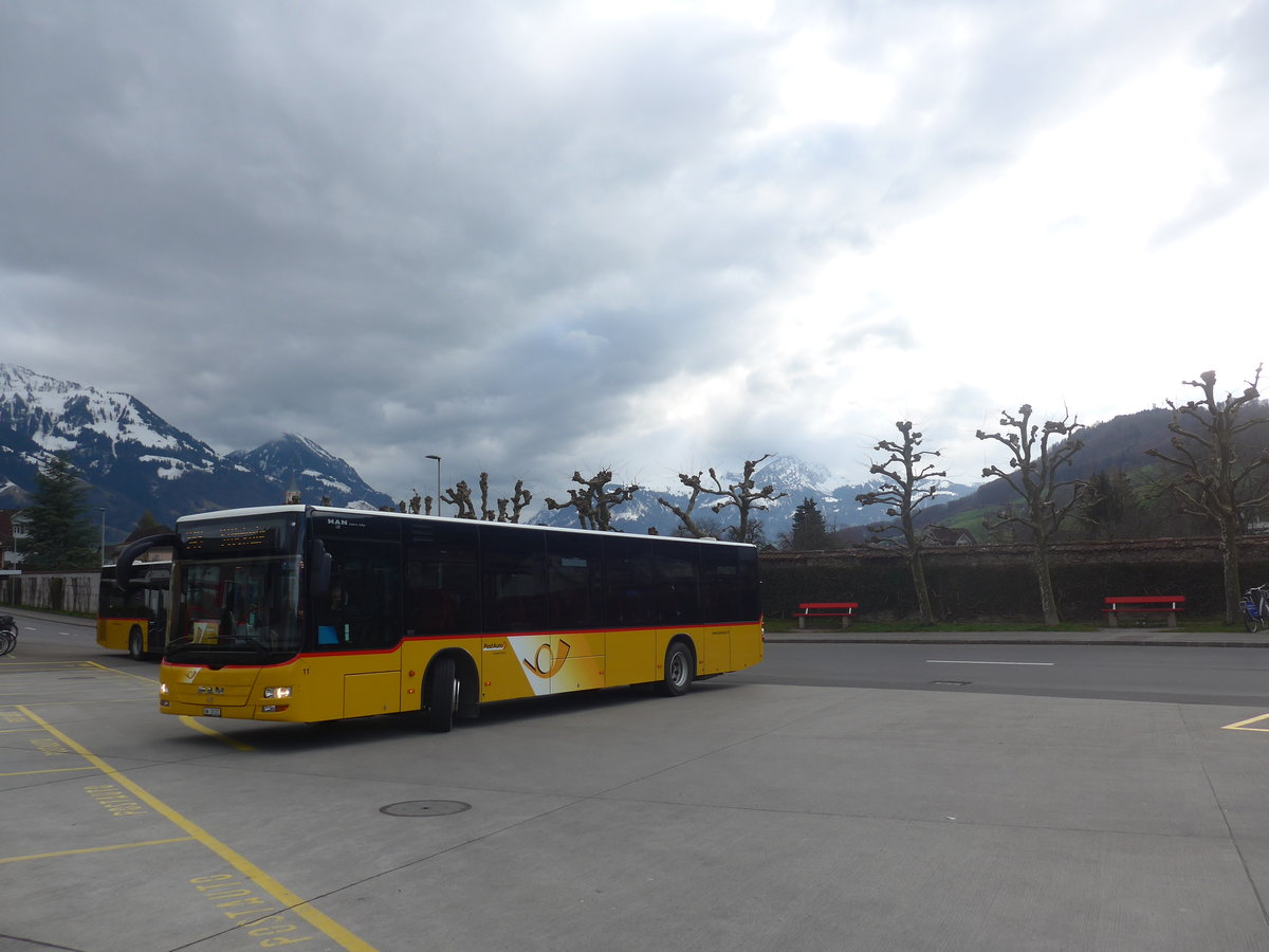 (224'476) - PostAuto Zentralschweiz - Nr. 11/OW 10'121 - MAN (ex Dillier, Sarnen Nr. 11) am 27. M�rz 2021 beim Bahnhof Sarnen