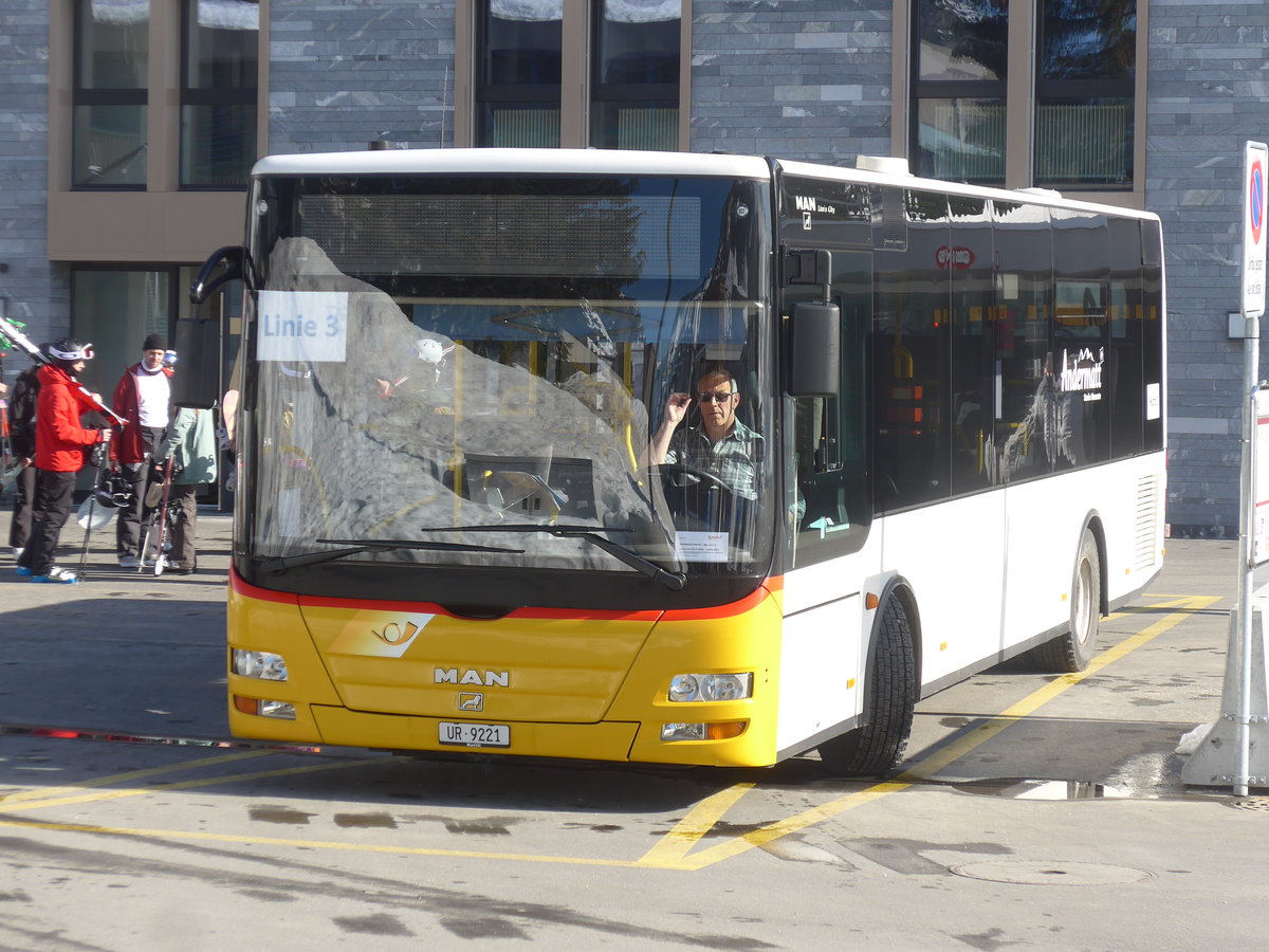 (224'551) - Mattli, Wassen - UR 9221 - MAN/G�ppel (ex Lengacher, Wichtrach Nr. 6) am 28. M�rz 2021 in Andermatt, Bahnhofplatz