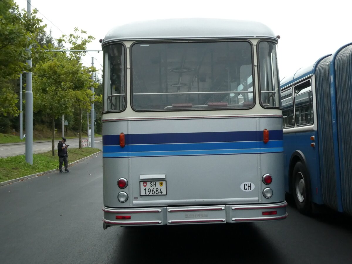 (228'369) - Borer, Neuhausen - SH 19'684 - Saurer/T�scher (ex Sch�ttler, D-K�ln; ex Braun, D-M�nster; ex Schmid, Hemishofen; ex Br�tsch, B�ttenhard; ex ASS Schleitheim Nr. 8) am 26. September 2021 in Schaffhausen, Busdepot VBSH