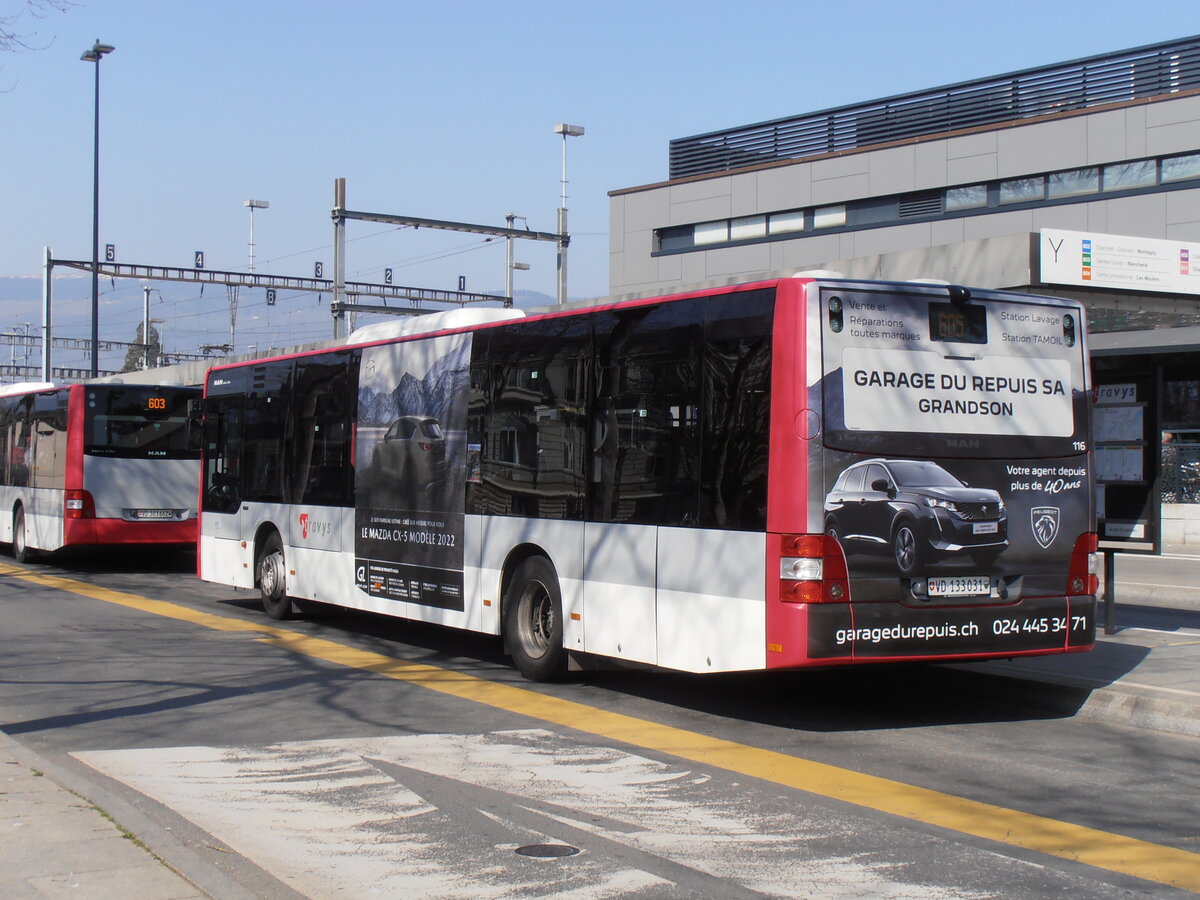 (234'037) - TRAVYS Yverdon - Nr. 116/VD 133'031 - MAN am 20. M�rz 2022 beim Bahnhof Yverdon