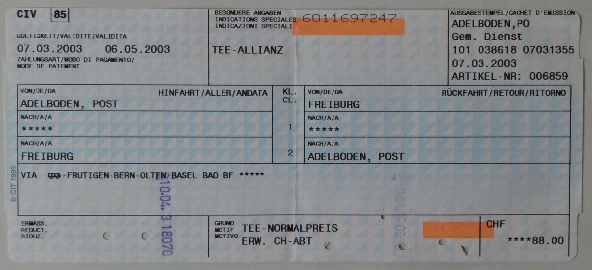 (235'727) - Einzelbillet von Adelboden, Post nach Freiburg im Breisgau und zur�ck am 16. Mai 2022 in Thun