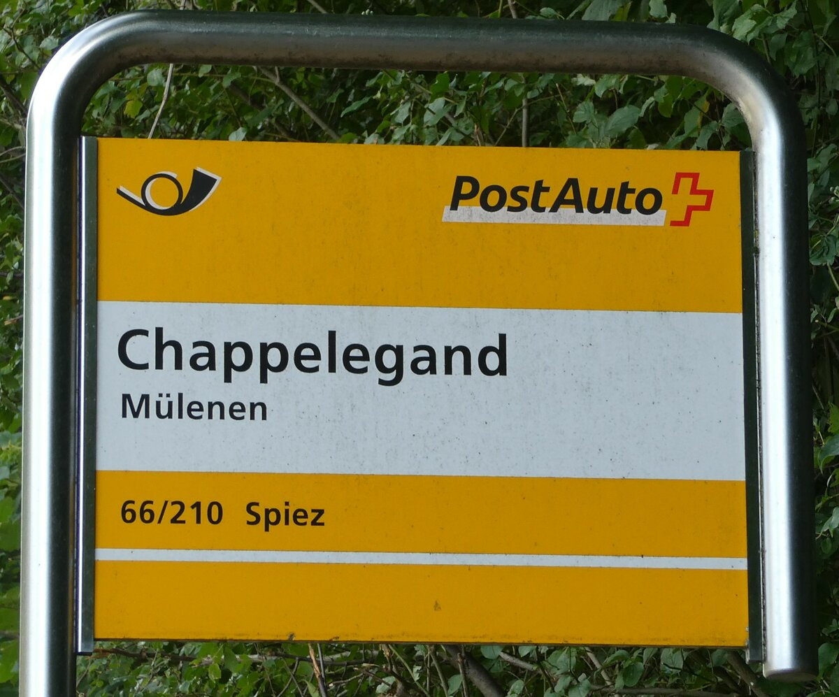 (237'582) - PostAuto-Haltestellenschild - M�lenen, Chappelegand - am 26. Juni 2022