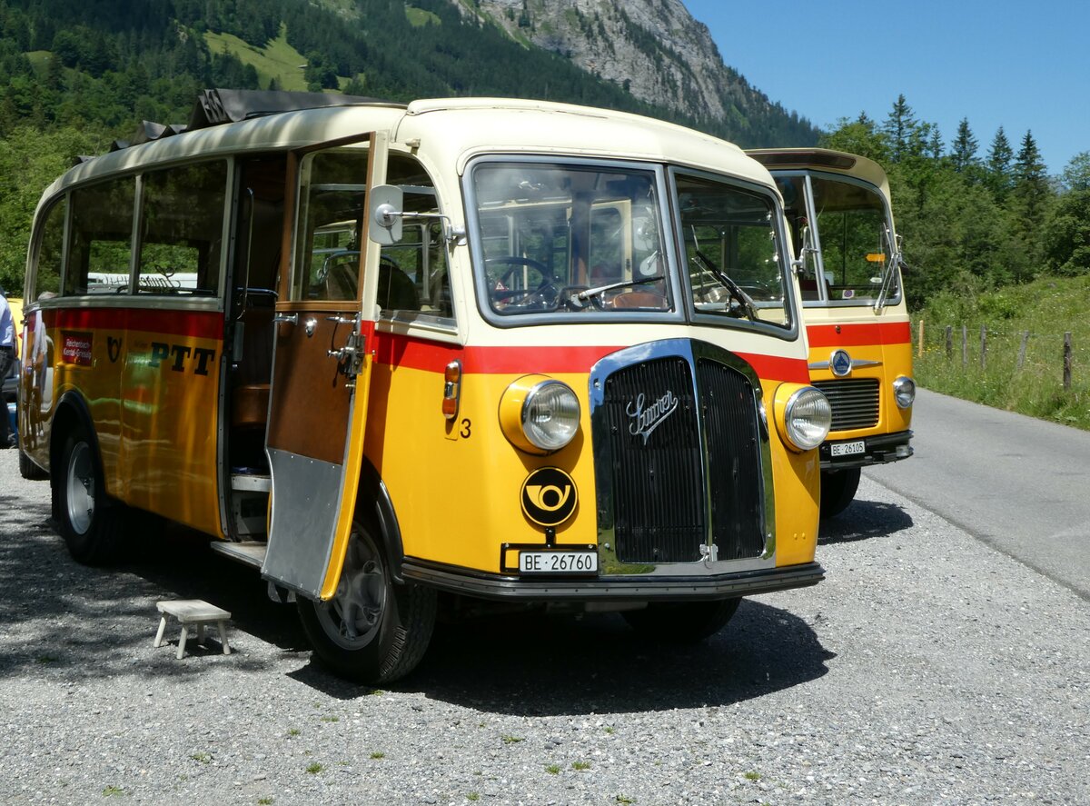 (237'614) - Schmid, Th�rishaus - Nr. 3/BE 26'760 - Saurer/Gangloff (ex Geiger, Adelboden Nr. 3) am 26. Juni 2022 in Kiental, Tschingelsee