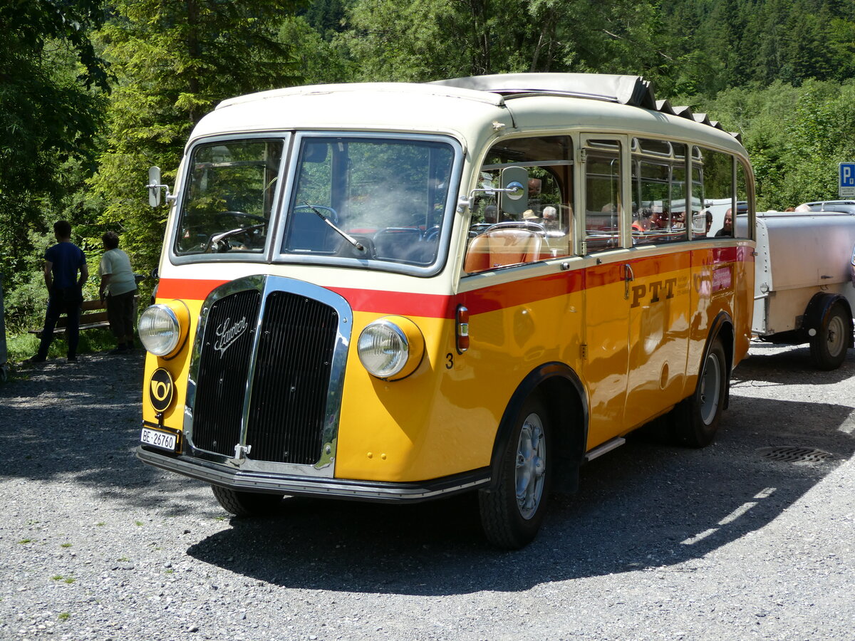 (237'620) - Schmid, Th�rishaus - Nr. 3/BE 26'760 - Saurer/Gangloff (ex Geiger, Adelboden Nr. 3) am 26. Juni 2022 in Kiental, Tschingelsee