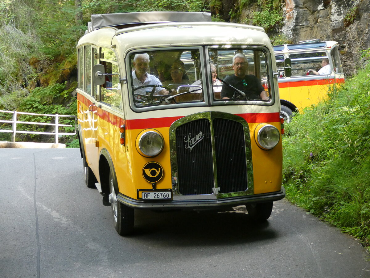 (237'682) - Schmid, Th�rishaus - Nr. 3/BE 26'760 - Saurer/Gangloff (ex Geiger, Adelboden Nr. 3) am 26. Juni 2022 in Kiental, Hexenkessel